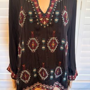 Like New Johnny Was Embroidered Black Top with Tribal design Large